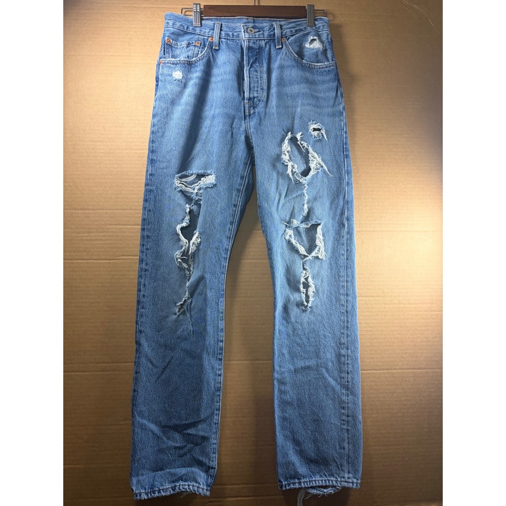 Levi's 501 Premium Distressed Jeans W28 L30‎ Button Fly Straight Leg Denim